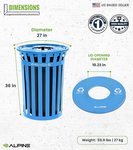 Alpine Commercial Outdoor Trash Can - 38 Gallon Heavy Duty Blue Recycle Garbage Can with Liner, Open Top Lid, All Weather Resistant Large Outside Trash Can for Parks, Parking, School