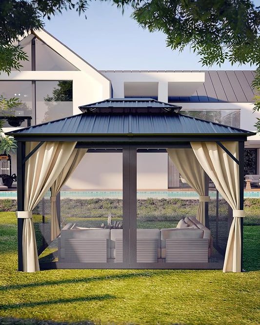 GarveeLife Hardtop Gazebo 12 ft x14 ft for All Weather, with Double Metal Roof, Aluminum Alloy Frame, Net, and Curtain, Permanent Building for Patio, Deck, Backyard, Lawn, and Garden