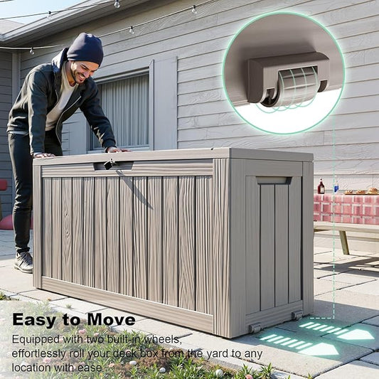75 Gallon Resin Deck Box, Lockable Outdoor Storage Box for Patio Cushions Storage Furniture,Garden Tools, Pool Supplies, Weatherproof and UV Resistant (Grey)