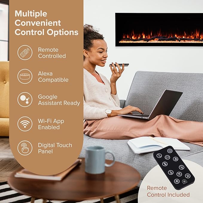 Modern Ember Highmark 72 Inch Smart Linear Electric Fireplace - Premium Flame with 10 Colors, Sleek Hidden Vent Design, Install Recessed in-Wall or Wall-Mount, WiFi Enabled.