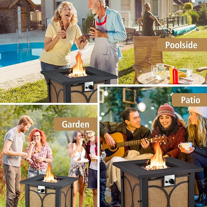 Giantex 28” Outdoor Fire Pit Table - 50,000 BTU Square Metal Fire Table with Lid, PVC Cover, Glass Stones, CSA Approved, 2-in-1 Ignition Propane Gas Fire Table for Outside Patio Garden Backyard Deck