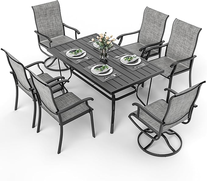 Pamapic 7-Piece Outdoor Dining Set, Patio Dining Set for 6, All-Weather Outdoor Patio Set with 2 Textilene Swivel Chairs & 4 Regular Chairs for Garden, Poolside, Deck，Gray