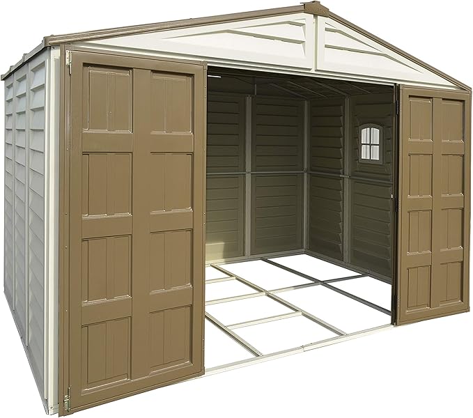 Duramax Woodbridge Plus 10.5 x 8 (8.02 m2) Plastic Garden Shed with 1 Fixed Window & Metal Foundation Kit, Strong Metal Roof Structure Fire Retardant and Maintenance-Free Storage Shed - Ivory/Brown