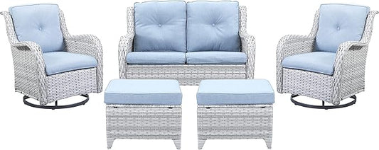 Belord 5 Piece Outdoor Patio Furniture Set - Patio Wicker Furniture Conversation Set, Outdoor Swivel Rocker Chairs with Loveseat Sofa and 2 Ottomans for Small Space, Light Gray - Baby Blue Cushion