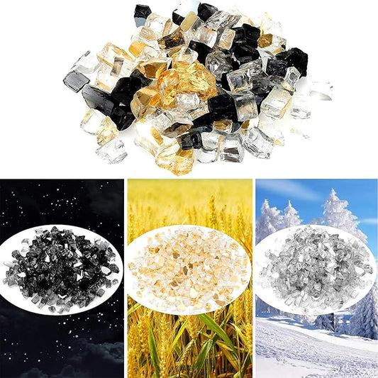Onlyfire 10 Pounds Blended Reflective Fire Glass for Fire Pit Fireplace and Landscaping, 1/2 Inch Mixed Colored High Luster Fireglass Rocks for Outdoor and Indoor Use - Onyx Black+Platinum+Gold