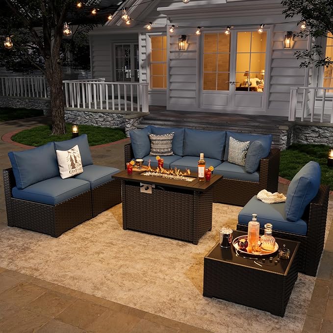 Aoxun 8 Piece Patio Furniture Set with 44” Fire Pit Table Wicker Rattan Patio Sectional Sofa Set Outdoor Seating Furniture with Thickened Cushion, Navy Blue