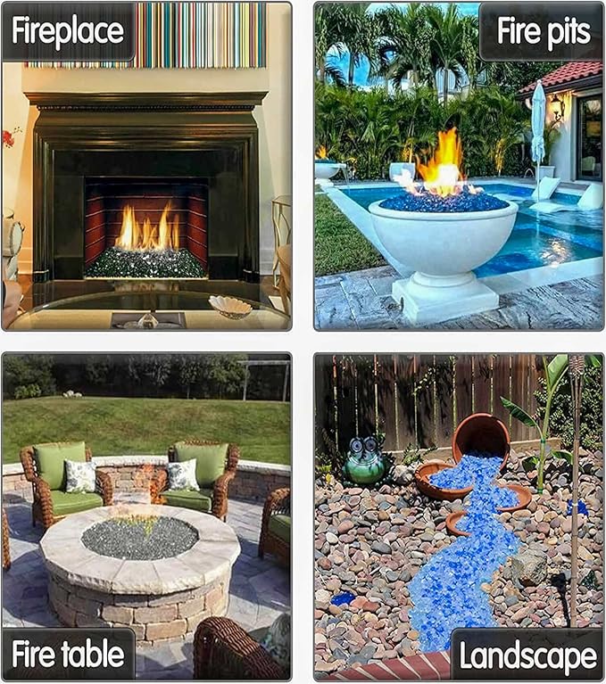 GRISUN Blue Fire Glass for Fire Pit, 20 Pounds 1/2 Inch High Luster Reflective Tempered Glass Rocks for Natural or Propane Fireplace, Safe for Outdoors and Indoors Firepit Glass