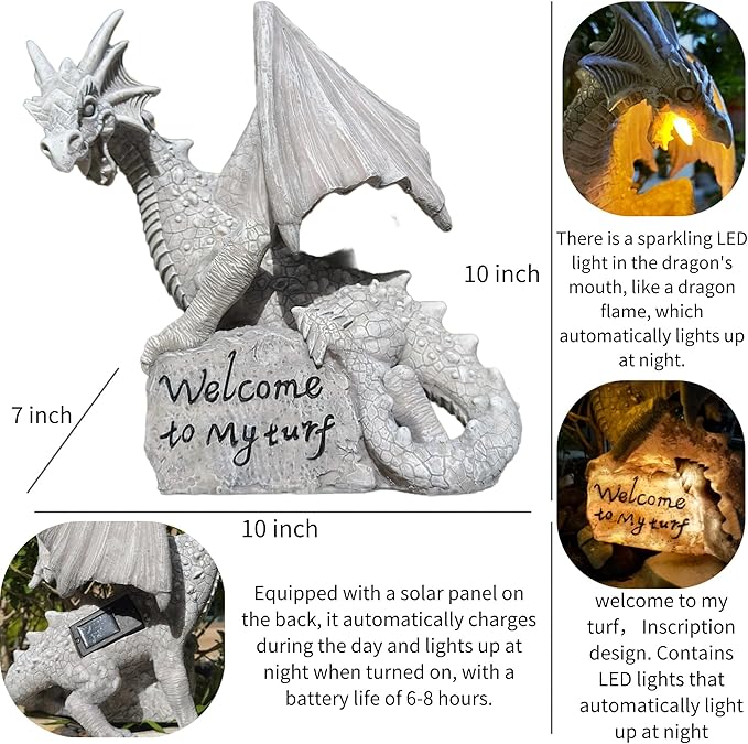 Jy.Cozy Garden Large Dragon Statue Solar Powered Outdoor Figurine Light The Dragonfire Welcome to My Turf Sign Big Resin Sculpture Home Decoration Housewarming Ornament Unique Gift