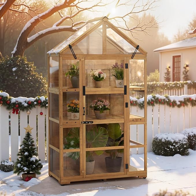 MCombo Wooden Greenhouse Outdoor with Openable Roof Vent and Adjustable Shelves, 0826 (Natural)