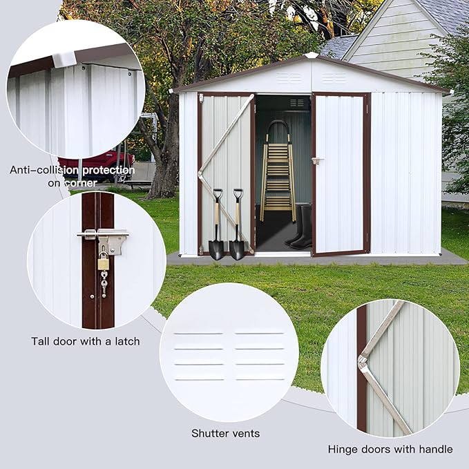 Favfurish 10x8 FT Metal Garden Sheds with Hinged Door and Padlock & Punched Vents,Aluminum Outdoor Storage Shed w/Eco-Friendly Painting,for Bike, Barbeque,Tool,White+Coffee