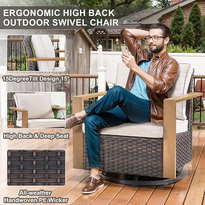 Belord Full 4 Pieces Patio Furniture Set with 41” Propane Fire Pit Table, Outdoor Conversation Set with Swivel Glider Outdoor Chair Set of 2 and Rattan Sofa for Deck Backyard