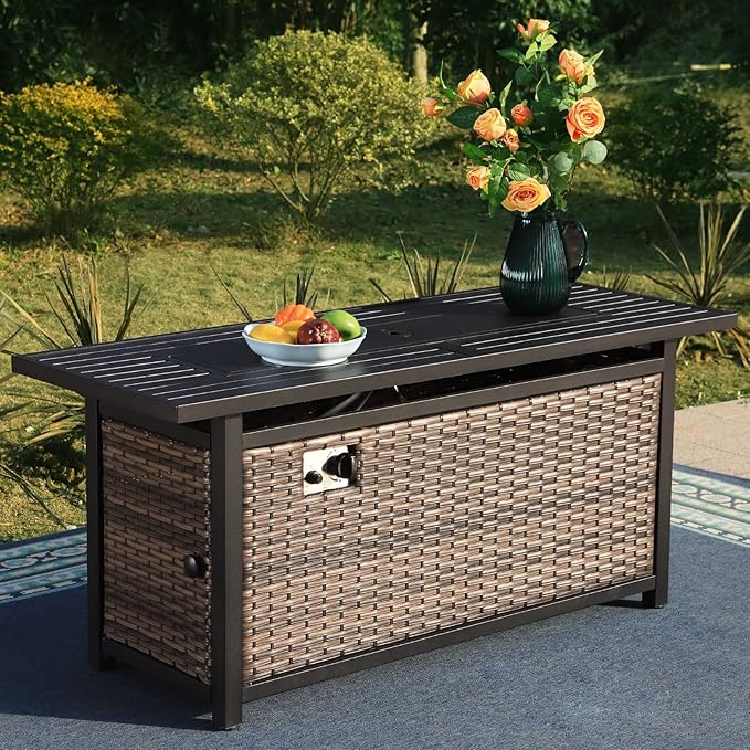 Sophia & William 56 Inch Gas Fire Pit Table Outdoor Rattan Propane Fire Table & Fireplace with Fire Glass, Lid, 50,000 BTU Firepits for Outside Patio