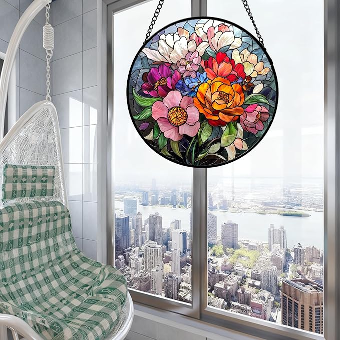 QZQCBLC Stained Glass Window Hanging Flowers and Wildflowers Large 15" - Suncatcher Door Garden Sun Catcher Home Decor Birthday Thanksgiving Christmas for Mom Woman Nana Friend