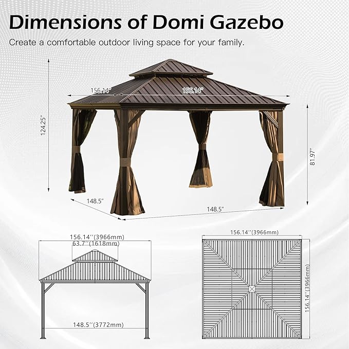 Domi 13x13FT Outdoor Gazebo, Hardtop Gazebo with Galvanized Steel Double Roof, Metal Gazebos with Drainage System Patio Pergola for Patio Deck Backyard,Curtain and Netting,Brown