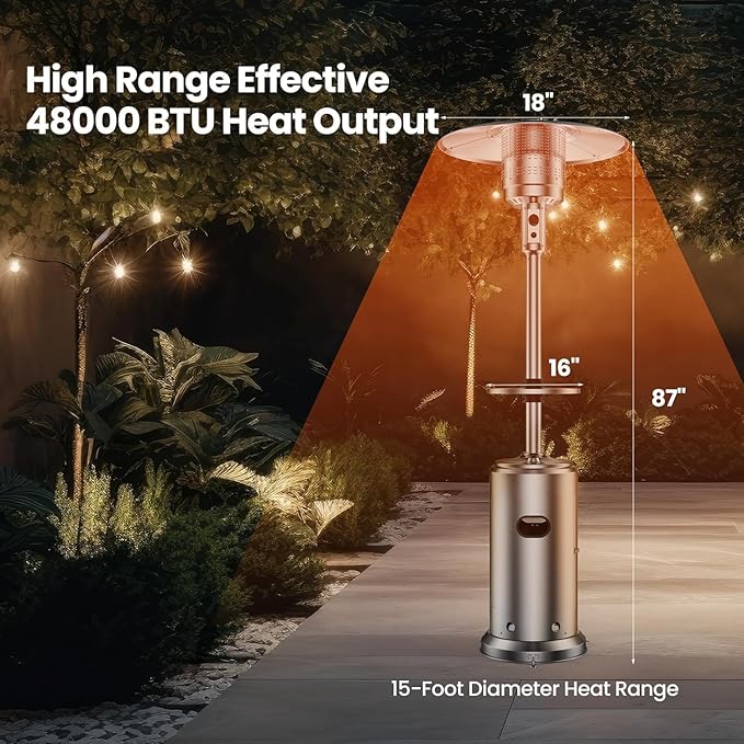 48000BTU Outdoor Propane Patio Heater with Wheels, Triple Safety Protection, Stainless Steel Burner, Includes Round Table for Porch, Camping, Backyard Use, Silver