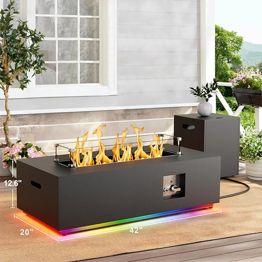 42" Propane Fire Pit Table with LED Light - 50,000 BTU with Wind Guard, Lid, Rocks and Cover - Outdoor Gas Fire Pit Rectangle - Coffee Table with Fire Pit (Black/RGB Light, 42" LED)