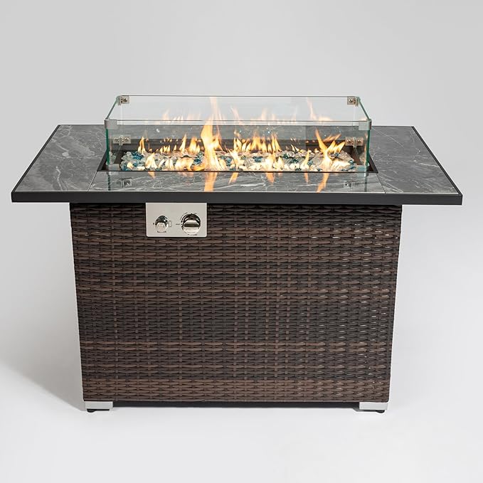 Outdoor Propane Fire Pit Table for Outside Patio, 43 Inch Wicker Firepits for Outside, Rectangle Gas Fire Pit for Garden, Pool, Backyard, 50,000 BTU, Tank Inside, Espresso Color