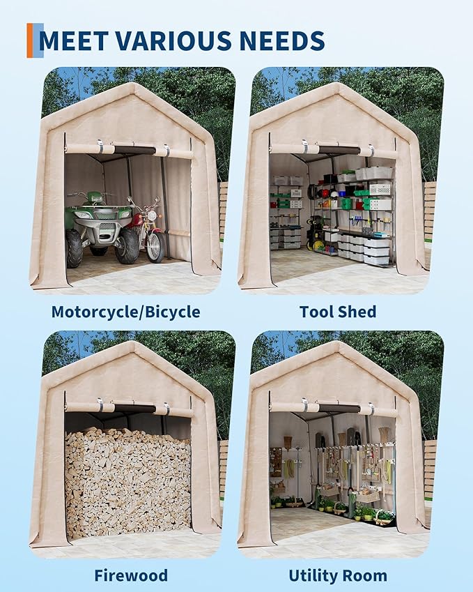 7X15 FT Heavy-Duty Portable Outdoor Storage Shed with Roll-Up Zipper Door & Vent, 240g Waterproof Carport Storage Shelter, UV-Resistant Canopy for Motorcycle, Firewood, Tools -Gray ﻿