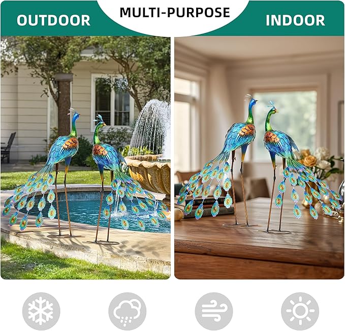 Ultym 32" Tall Metal Peacock Garden Statue, Handmade Oversized Couple Peacock Sculptures with Anchor Ground Stakes, Iron Ornament Yard Art Decor for Garden, Patio, Entryway Porch, or Home Space.