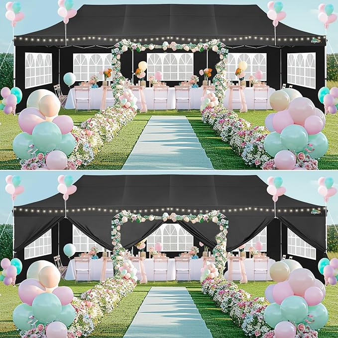 COBIZI 10x30 Pop up Canopy with 8 Removable Sidewalls, Outdoor Canopy Waterproof Commercial Tents for Parties Wedding, with Upgrade Raised Top Cover and Roller Bag, with 4 Sandbags(Black)