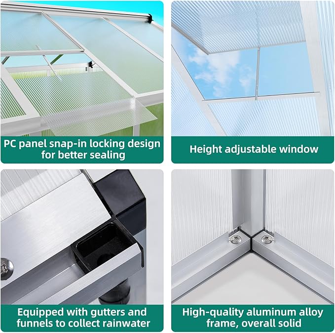 6x8 FT Greenhouse - Large Aluminum Greenhouses for Outdoors, Heavy Duty Polycarbonate Greenhouse with Roof Vent&Ground Nails, Walk-in Green Houses for Garden, Backyard, Patio, Easy Assembly