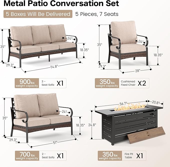 5 Piece Black Metal Outdoor Patio Furniture Sets with Firepit Table, Patio Conversation Sets 1 3-seater Sofa, 1 2-seater Sofa, 2 Single Sofa with 5.75" Cushion for Backyard Deck, Beige