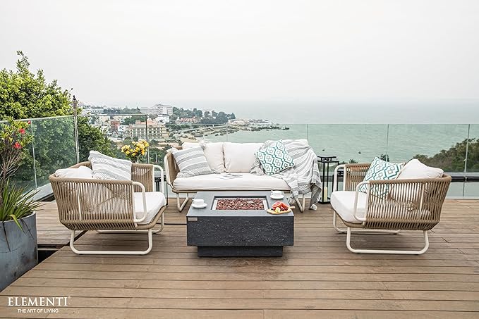 Elementi Manhattan Gas Fire Pit Cast Concrete Fire Table, Outdoor Fire Pit Electronic Ignition | Canvas Cover, Lava Rock Included | Free AMS Wind Guard | Dark Gray (Natural Gas)