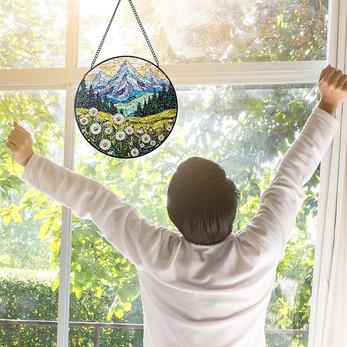 Stained Glass Window Hanging, Daisy Flowers Mountain Stained Glass Suncatchers Indoor Windows Glass Panel Garden Hanging Decor Birthday for Women 6.3 in