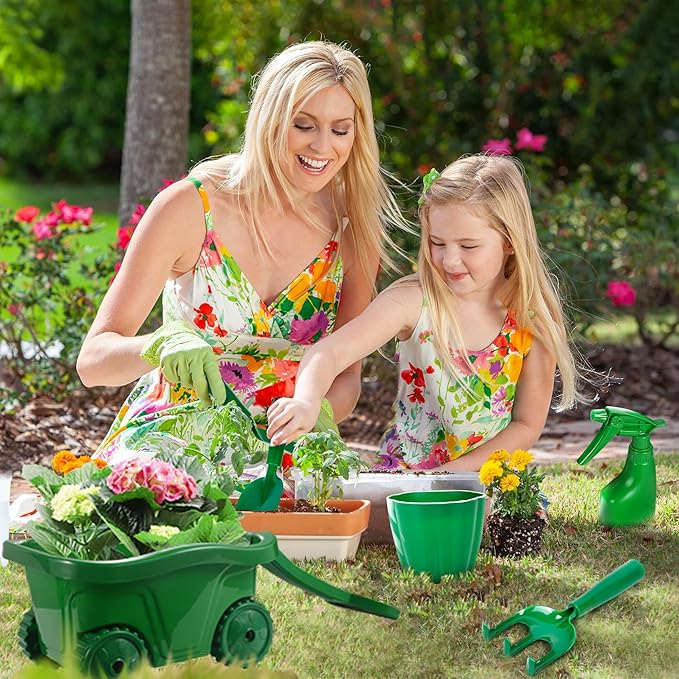 Duckura Kids Gardening Tools Set - 10pcs Wheelbarrow Set for Kids with Shovel, Rake, Leaf Rake, Summer Outdoor Yard Digging Weed Toys, Valentine's Birthday Gifts for Boys Girls Age 2 3+ Years(Green)