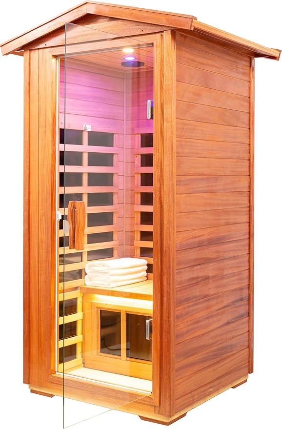 LTCCDSS Outdoor Mahogany Sauna 1 Person, Low EMF Far Infrared Sauna for Home, Withstand Outdoor Temp -10℉-149℉| EMF Readings Below 0.5mG, 9 Low EMF Boards-Chromotherapy-Bluetooth Speaker