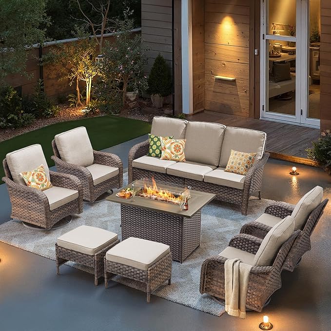 Patio Furniture Set with 42.5" Fire Pit Table-8 Pieces All Weather Wicker Outdoor Furniture with High Back Swivel Patio Chairs Set of 2 Outdoor Couch for Deck Balcony Backyard Brown/Beige