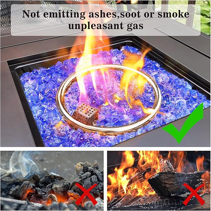 GRISUN Blue Fire Glass for Fire Pit - 1/2 Inch 10 Pounds Tempered Glass Rocks for Natural or Propane Fireplace, Safe for Outdoors and Indoors Firepit Glass