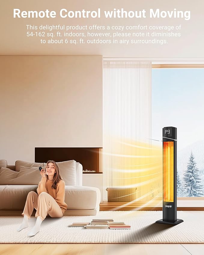 Pasapair 42" Outdoor Patio Heater - 1500W Infrared Tower Heater with Remote 12 Heat Levels and 9H Timer - IP55 ETL Certified for Garage, Indoor, Porch