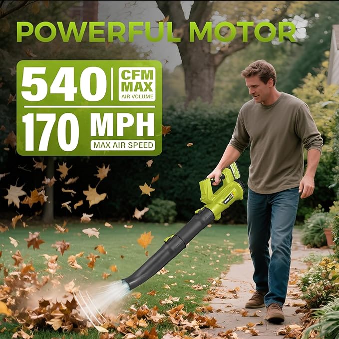 Cordless Leaf Blower with Battery and Charger，540 CFM/170 MPH,Battery Powered with 2 x 6.0Ah Batteries,6-Speed & Turbo Mode,Lightweight for Lawn Care,Patio,Leaves,Dust,and Snow Removal,Green