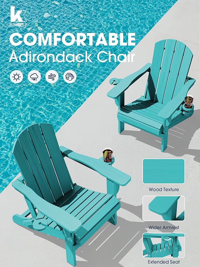 KINGYES Folding Adirondack Chair Set of 6, Dual Cup Holders & All-Weather HDPE, Wood-Like Patio Chair for Backyard, Camping, Pool & Fire Pit, Aruba