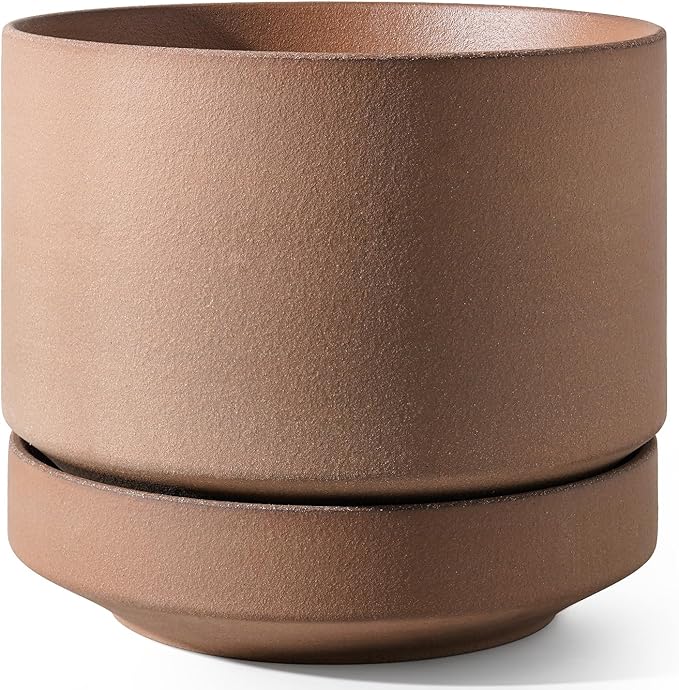 LE TAUCI Large 14 Inch Plant Pot with Saucer | Ceramic Outdoor & Indoor Big Planter Pot | Drainage Hole, Mesh Pad & Plug | Unglazed Porous | Modern Minimalist for Home and Patio – Terracotta Color