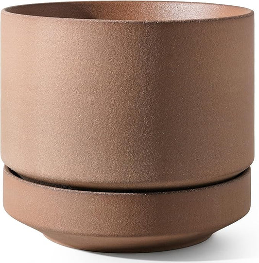 LE TAUCI Large 14 Inch Plant Pot with Saucer | Ceramic Outdoor & Indoor Big Planter Pot | Drainage Hole, Mesh Pad & Plug | Unglazed Porous | Modern Minimalist for Home and Patio – Terracotta Color