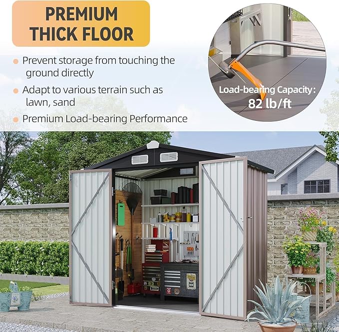 Aoxun 6x4ft Shed with Floor Heavy-Duty Galvanized Steel Outdoor Storage Shed with Double Doors, Ventilated Weatherproof Design for Bike/Generator/Tool Organization (Brown)