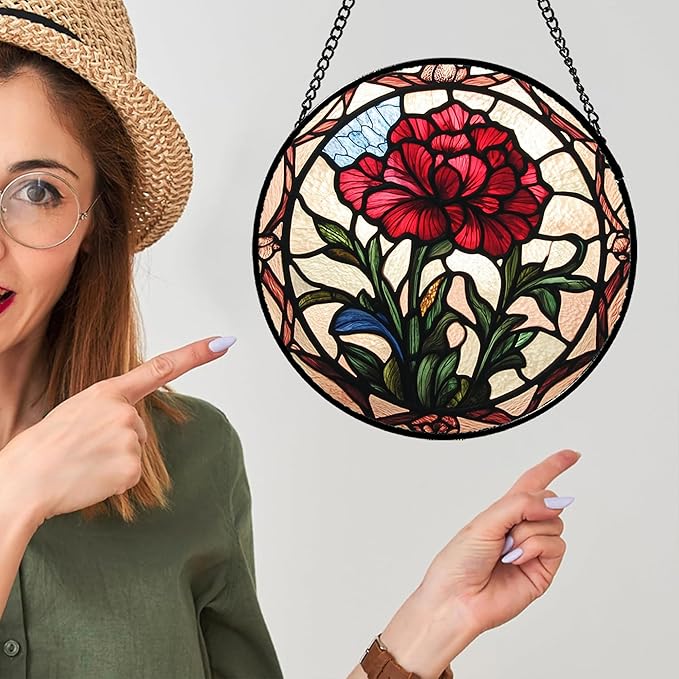 AMDERVEN Stained Glass Window Hanging - Red Carnation Birth Flower Sun Catcher for Door Garden Home Decor Suncatcher Christmas Mother's Day Birthday Gifts for Women Men Mom Nana Friend Wife 11.8 in