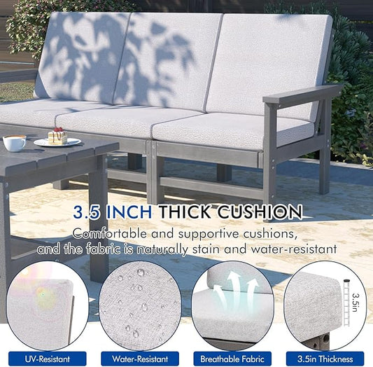 4-Piece HDPE Patio Furniture Set, All-Weather Outdoor Sectional Sofa Set with Coffee Table & Cushions - Wood-Like Composite Conversation Couch for Deck, Lawn, Balcony - Grey Frame