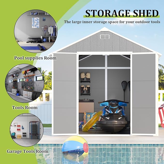 8X8 FT Resin Outdoor Storage Shed, Plastic Garden Sheds with Floor to Store Patio Furniture, Gardening Tools, Outside Patio Storage House with Window &Lockable Door for Backyard, Lawn, Grey