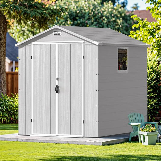Devoko 6x6 FT Plastic Outdoor Storage Shed - Lockable Resin Tool Shed with Window & Floor - Easy Assembly for Garden, Backyard, Light Gray