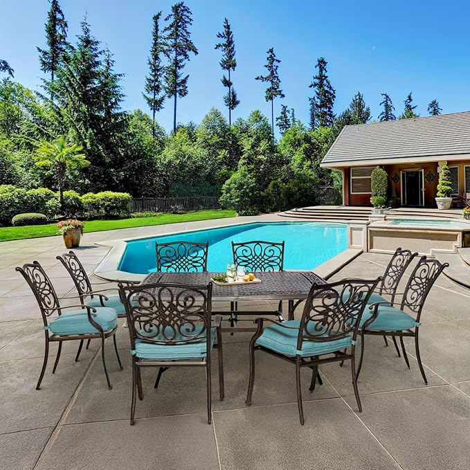 Hanover Traditions 9-Piece Patio Dining Set with 60" Square Cast-Top Dining Table and 8 Chairs with Blue Cushions, Modern All Weather Outdoor Dining Set with Rust-Resistant Aluminum Frames