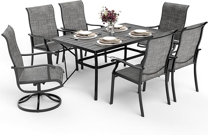 7-Piece Outdoor Dining Set, Patio Furniture Set with 2 Textilene Swivel Chairs & 4 Regular Chairs,Patio Dining Set with 1 Rectangular Table for Garden, Backyard, Poolside, Deck, Charcoal