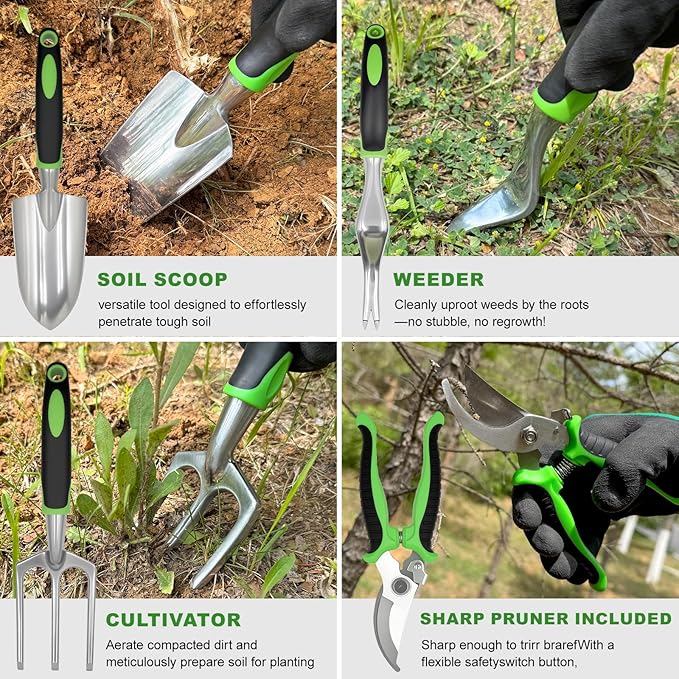 8 Piece Garden Tools, Green Anti-Slip Heavy Duty Gardening Hand Tools. Suitable for Gardeners, Potted Indoor use of Small Garden Tools to Organize with a Handbag