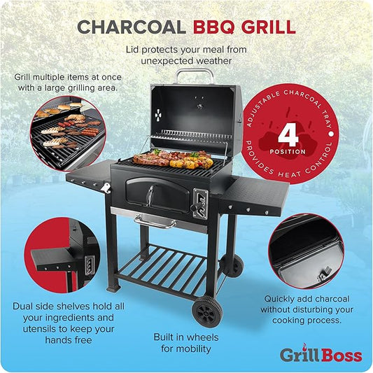 Grill Boss 24 Inch Charcoal BBQ Grill with Side Shelves, Built-In Thermometer, Black
