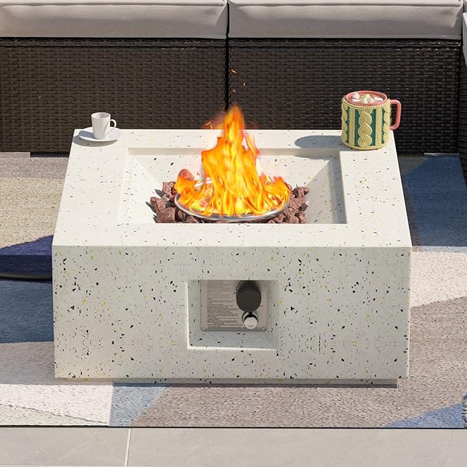 SUNBURY 28 Inch Outdoor Propane Fire Pit Table, 40,000 BTU Spotted White Patio Gas Fire Table w Lava Rocks, Waterproof Cover (Square)