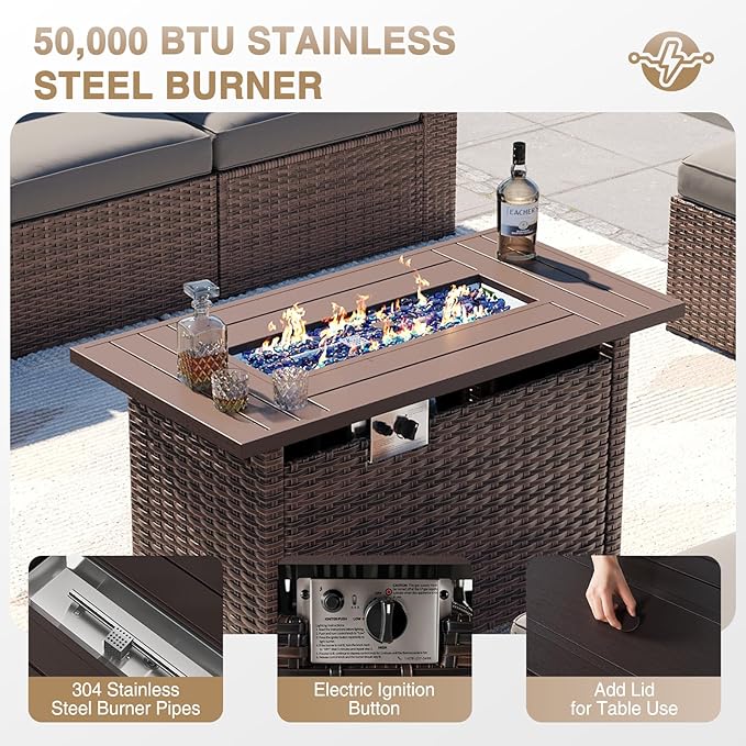 Aoxun Patio Furniture Sets, 12-Piece Outdoor Patio Furniture with 44'' Propane Gas Firepit Table, Wicker Outdoor Conversation Set Sectional Sofa for Backyard, Poolside, Garden