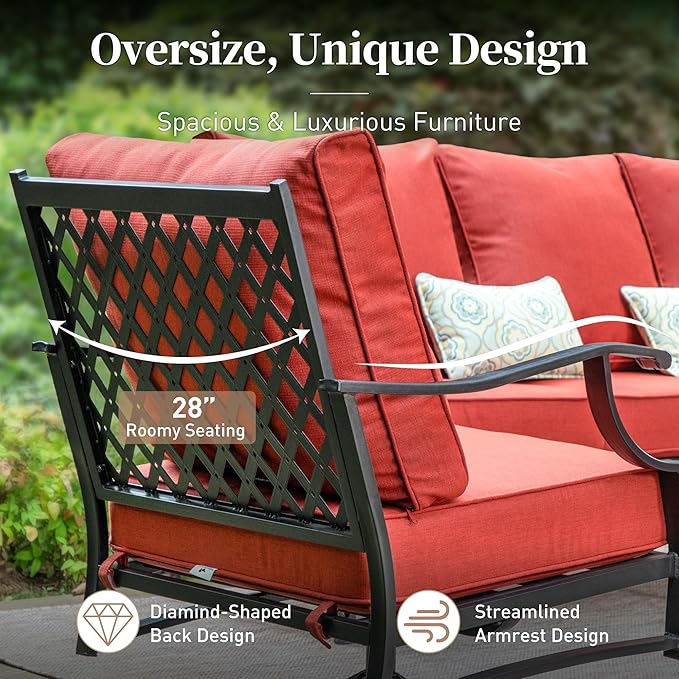 4 Piece Metal Outdoor Patio Furniture Sets with 5000 BTU Firepit Table, Patio Conversation Sets 1 3-Seater Sofa, 2 Swivel Chair with 5.75" Thick Cushion, Black Backyard Furniture, Red