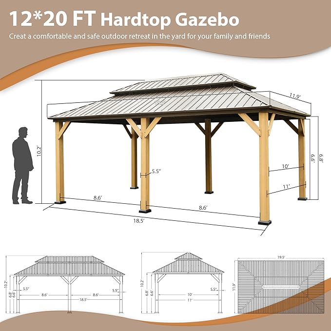 Domi Hardtop Gazebo 12’x20’ Cedar Frame Wood Gazebo with Galvanized Steel Double Roof, Outdoor Permanent Metal Gazebos with Curtains and Netting for Patio,Deck,Backyard